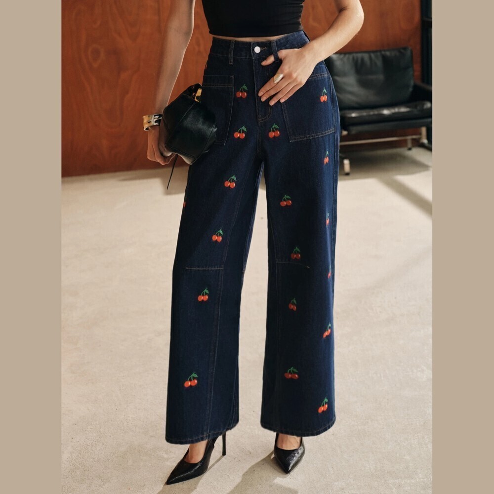 Indigo Denim Cherry Embroidered Wide Leg Cropped Jeans
